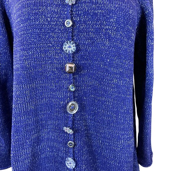 Soft Surroundings 3/4 Sleeve Navy Metallic Cowl Neck Button Front Sweater M/L - Picture 2 of 8